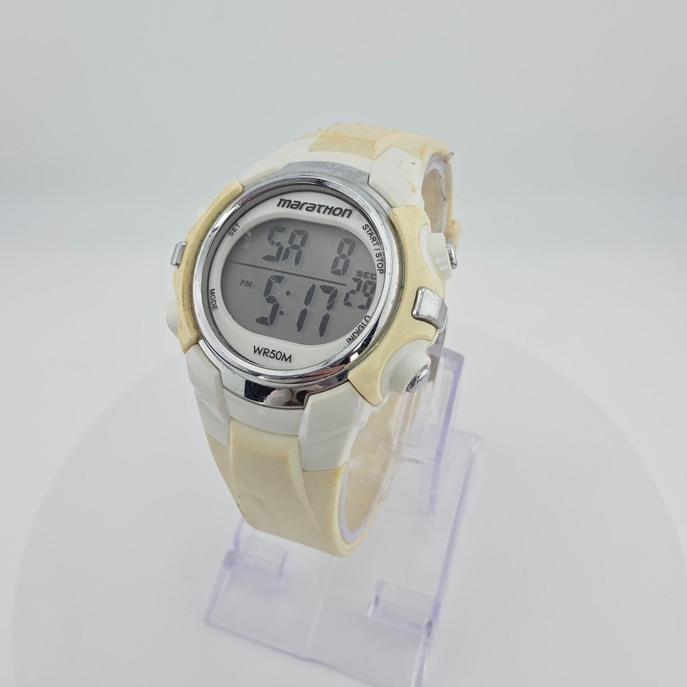 MARATHON Timex Ladies Digital Watch 4 Button Control Cream White Rubber Band 8"
